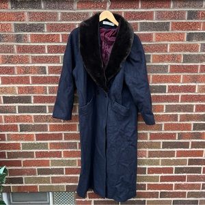 Donny Brook Navy Blue and Brown Faux Fur Collar Long Wool Vintage Pea Coat